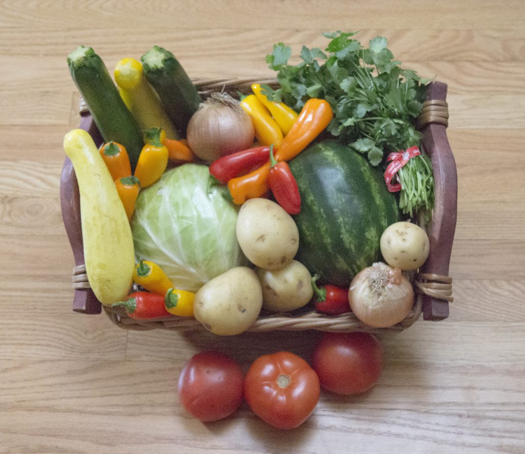A small Rootbound CSA box with a variety of 5-7 kinds of vegetables.